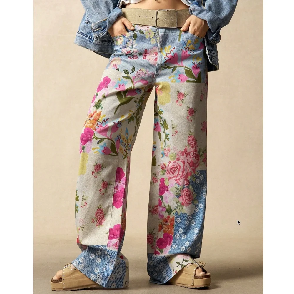 Boho Floral Print Wide leg Denim Jeans